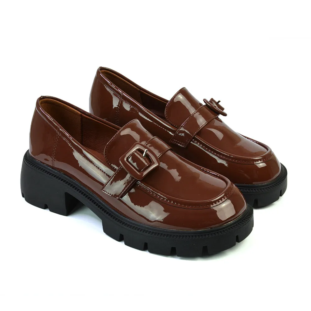 Adelaide School Shoes Buckle Chunky Platform Block Heel Loafers in Brown Patent