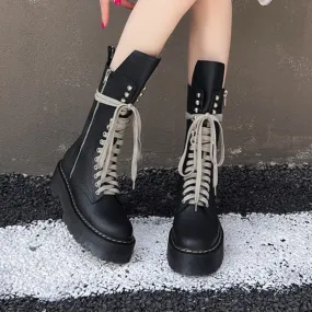 Black Leather Front Tie Lace Up Boots, Round Head Ankle Boots for Women, Black Platform Leather Boots, Thick Sole Round Toe Boots