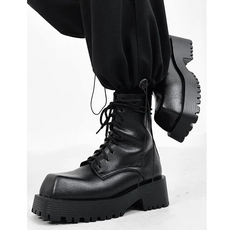 Black Thick Sole Martin Boots for Men in Leather Style