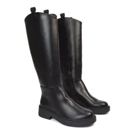 Bryson Chunky Sole Zip Up Knee High Winter Boots in Black Synthetic Leather