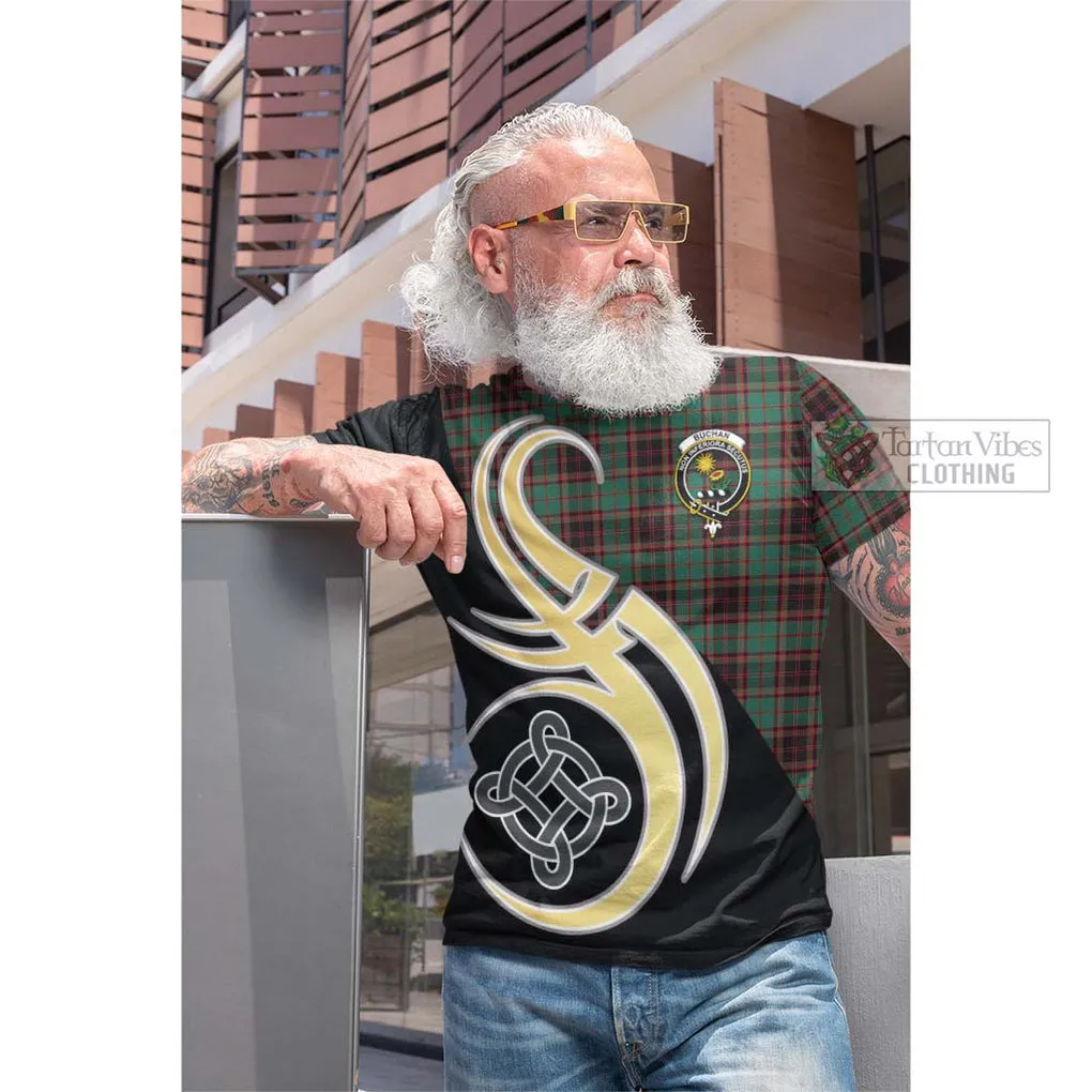 Buchan Ancient Tartan Cotton T-shirt with Family Crest and Celtic Symbol Style