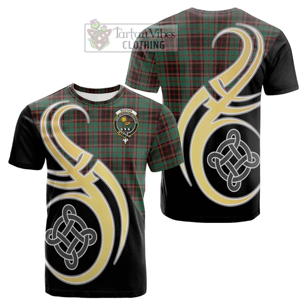 Buchan Ancient Tartan Cotton T-shirt with Family Crest and Celtic Symbol Style