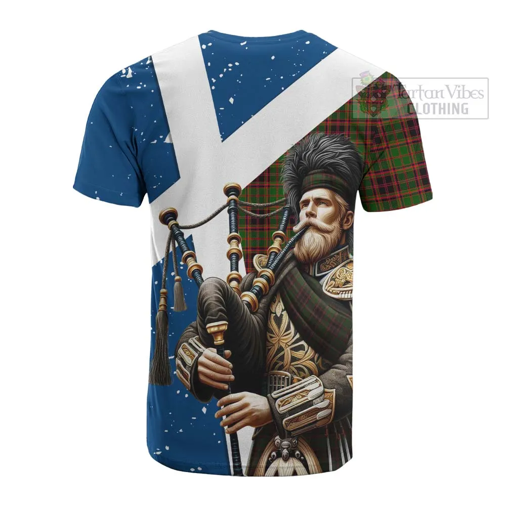 Buchan Tartan Cotton T-shirt with Family Crest Scottish Bagpiper Vibes