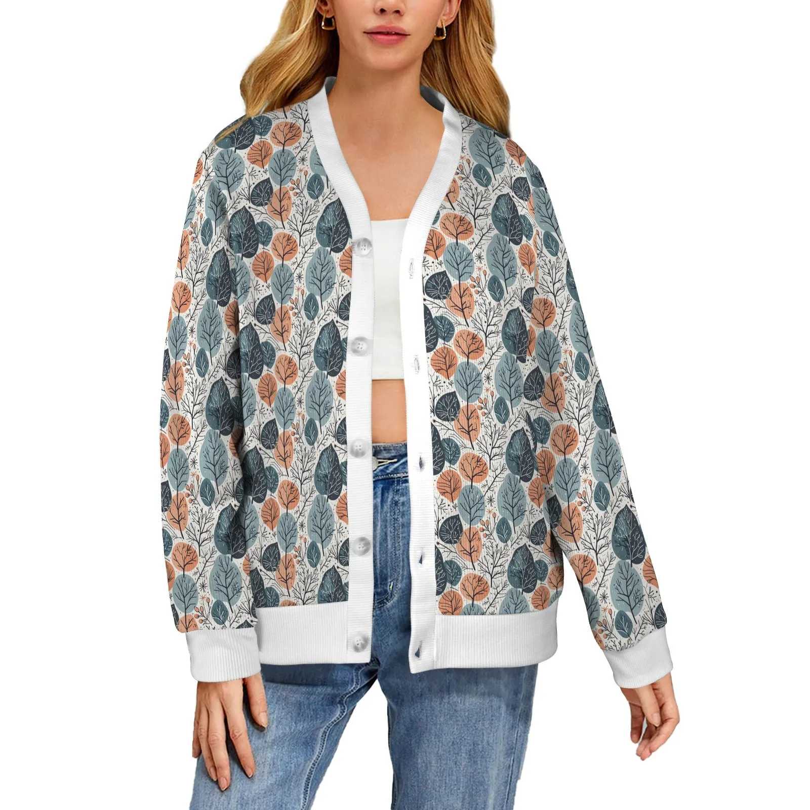 Freezing Leaves Women's Cardigan Button Sweater Custom Women's Cardigan (Model H73)