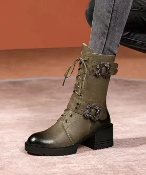 Green Cross Strap Splicing Fashion Chunky Boots ML1675