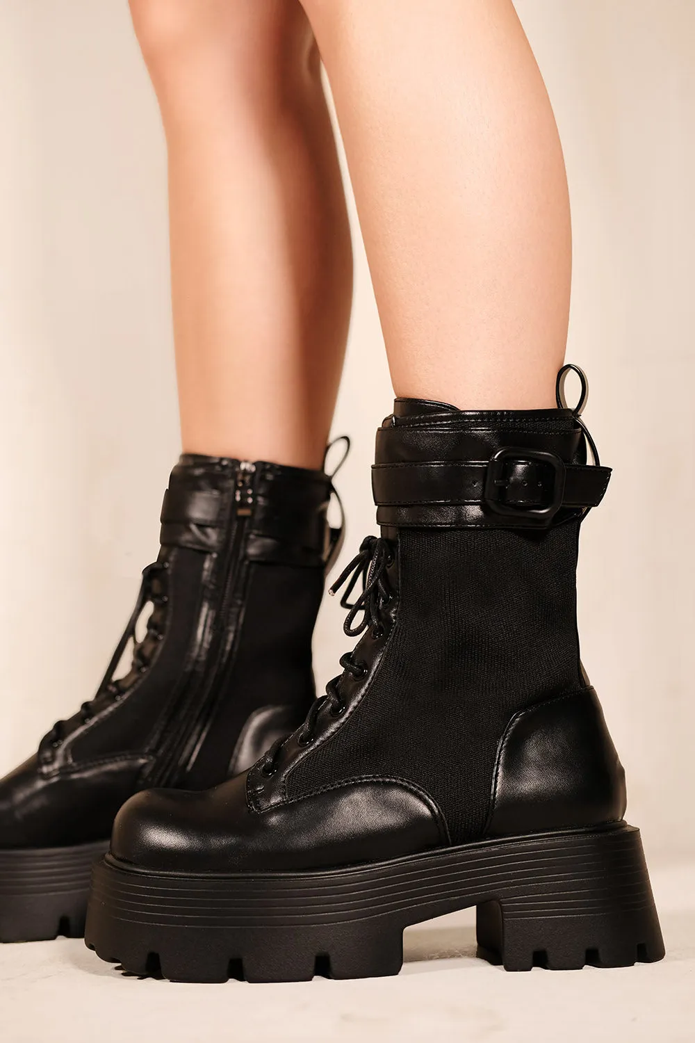 KERRIE CHUNKY ANKLE BOOTS WITH LACE UP & SIDE ZIP IN BLACK FAUX LEATHER