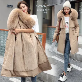 Ladies Long Length Fleece Lined Coat with Big Fur Collar