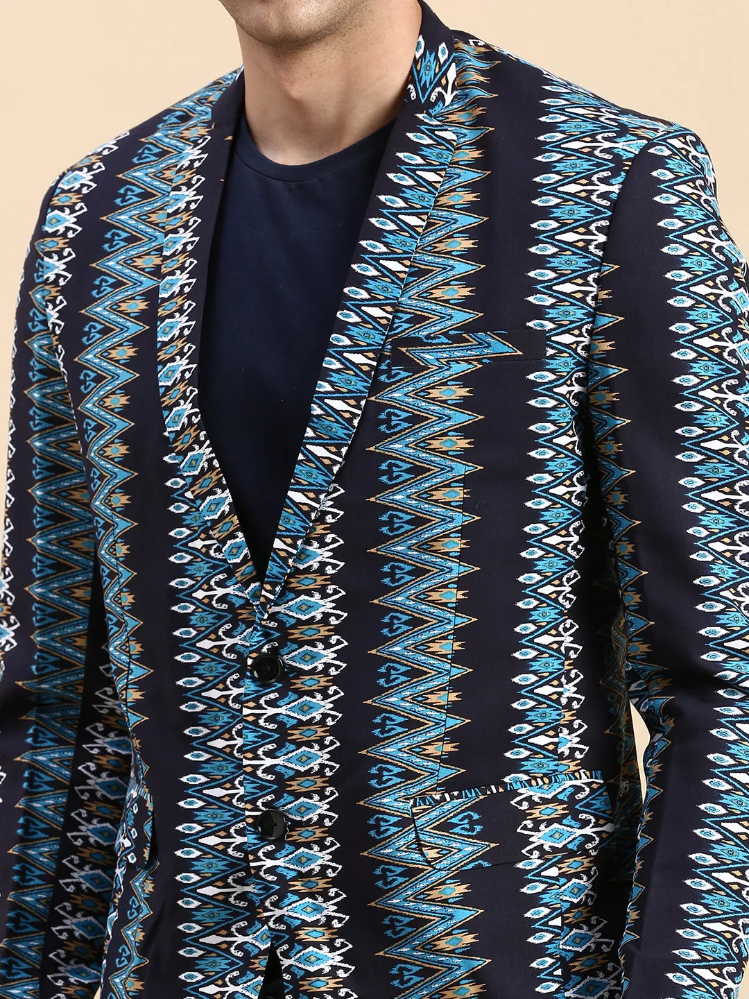 Men Navy Printed Casual Blazer