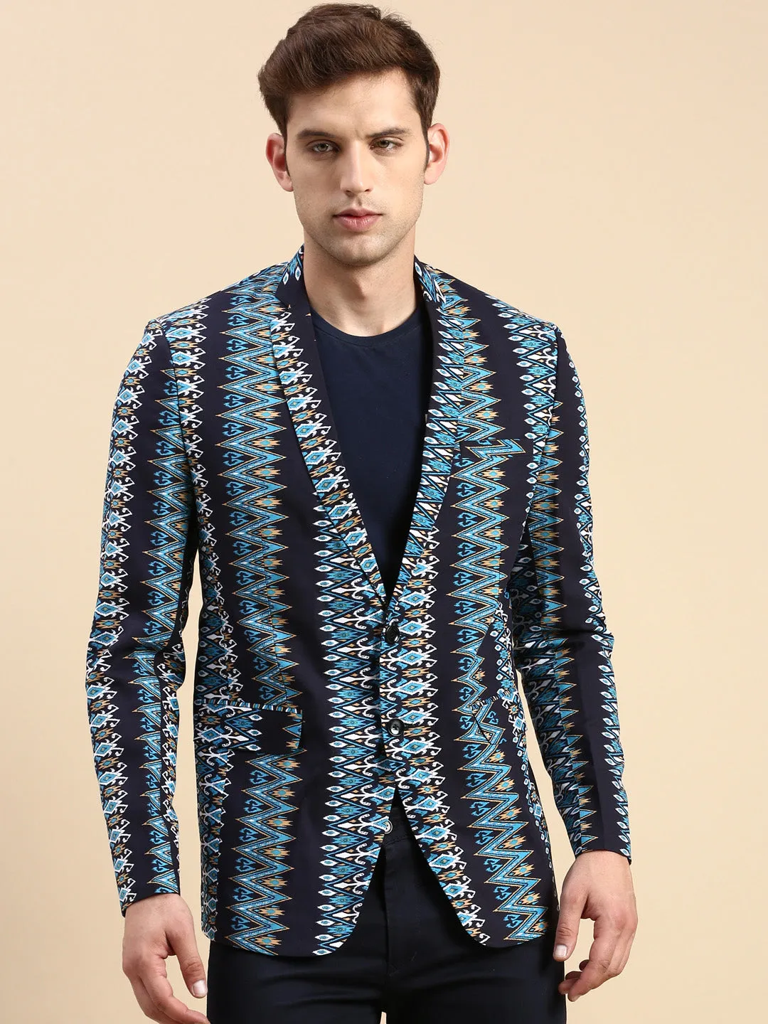 Men Navy Printed Casual Blazer