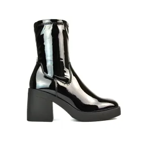 Sasha Block High Heel Platform Sock Ankle Boots in Black Patent