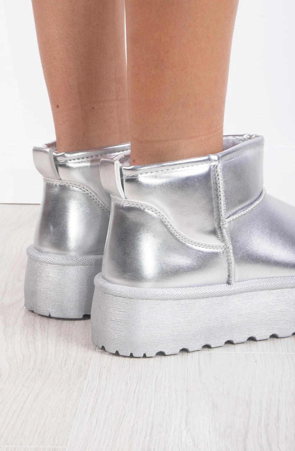 Silver Metallic Faux Leather Ultra Mini Ankle Ribbed Sole Platform Boots