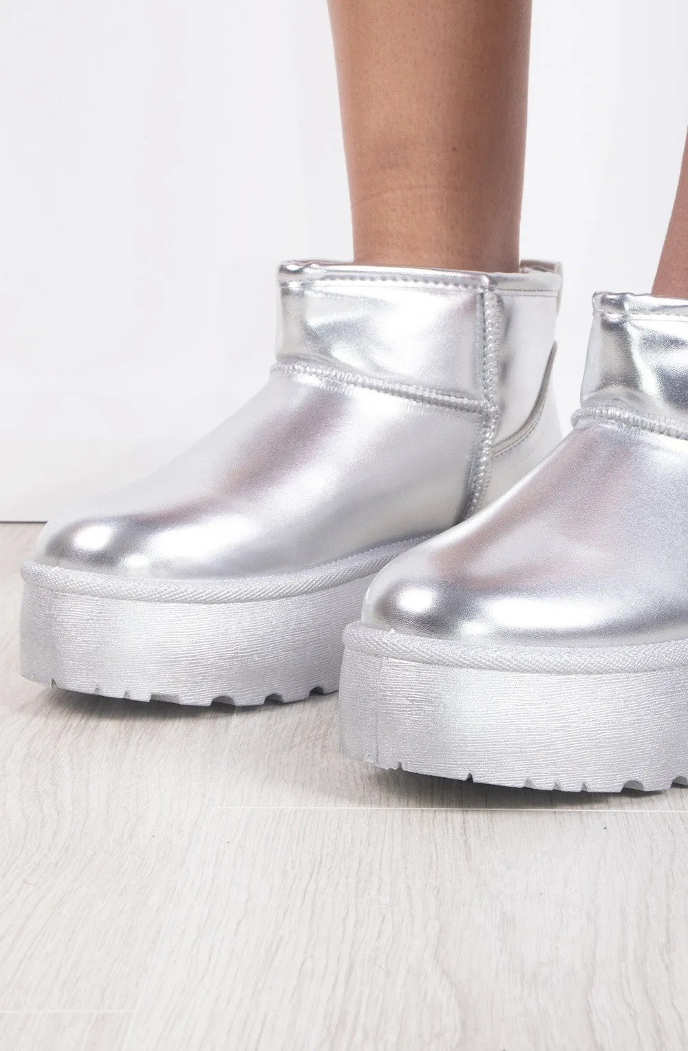 Silver Metallic Faux Leather Ultra Mini Ankle Ribbed Sole Platform Boots