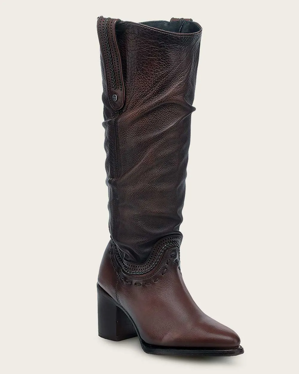 Tall wrinkled brown bovine boot