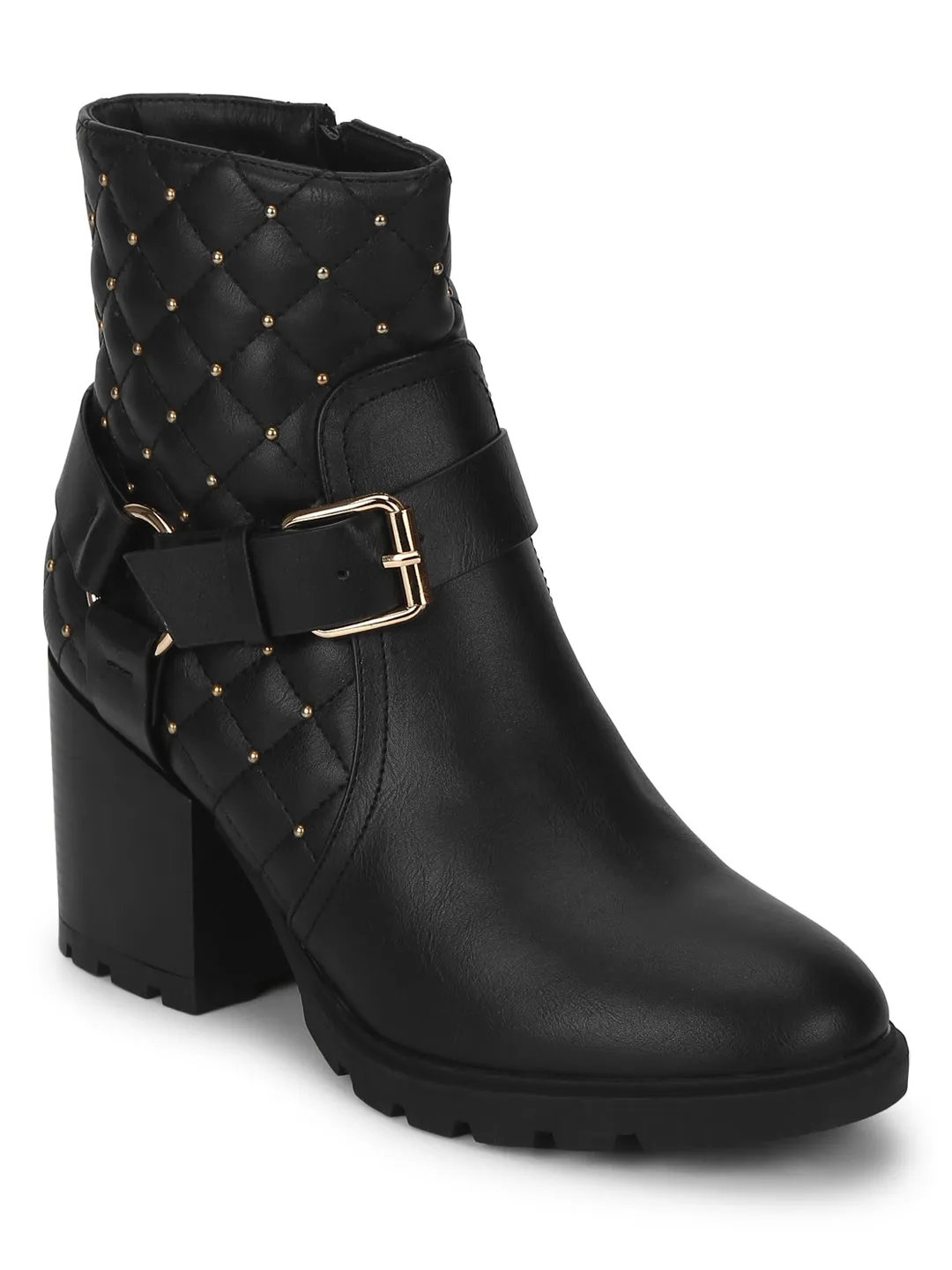 Yasmin Black PU Buckled Ankle Boots